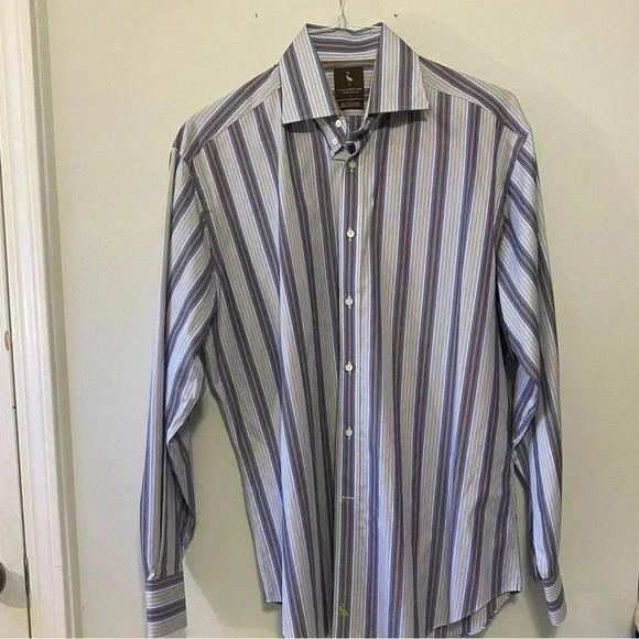 Tailorbyrd‎ Large Blue Brown Striped Long Sleeve Button Up Men's Shirt - Picture 2 of 6